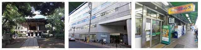 写真左から、奥沢神社は緑が多く、パワースポットとしても有名／住む人の健康を守る病院がエリア内にあるのも、嬉しいポイント／駅ビルには人情味溢れるスーパーもある