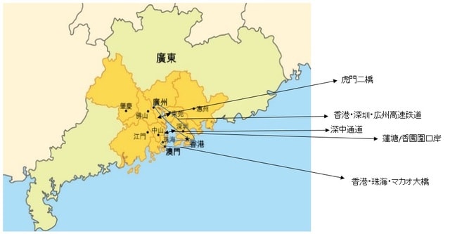 ［図表1］粤港澳大湾区 （出所）香港貿易発展局2018年6月22日付経貿研究掲載地図を基に筆者作成