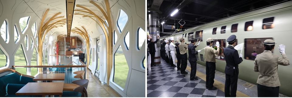 左：「ラウンジこもれび」　右：ホームでの見送り風景