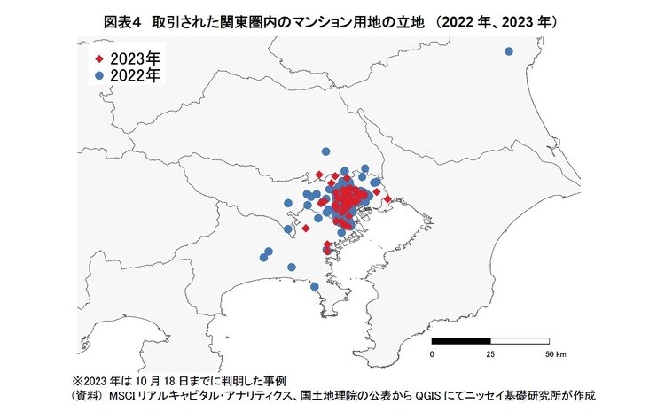 ※2023年は10月18日までに判明した事例 （資料）MSCIリアルキャピタル・アナリティクス、国土地理院の公表からQGISにてニッセイ基礎研究所が作成