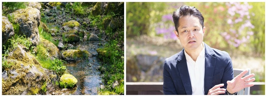 （左）八ヶ岳を流れる小川／（右）八ヶ岳の別荘エリアとしての魅力を語る前田 健二郎氏
