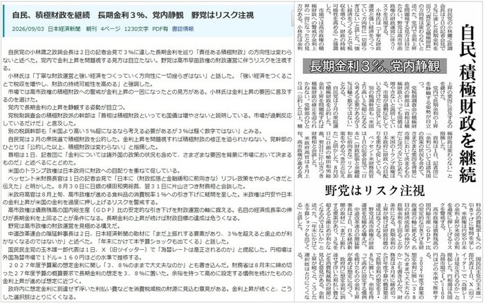 2026年9月3日付の日本経済新聞朝刊の比較
