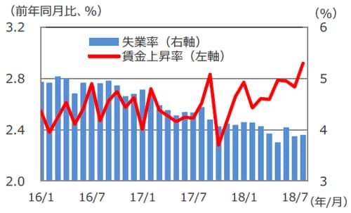 （注）データは2016年1月～2018年8月。 （出所）米国労働省のデータを基に三井住友アセットマネジメント作成