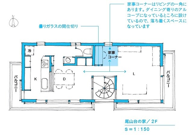 ※図表内の「→」は動線を表す。 家族みんなが気軽に使えるデスクをリビングの一角に取り付けました。デスクの通路側の間仕切りは曇りガラスとして囲われた感じのあるデスクとすることで、作業に集中できるようにしています。 出所：本間至著『間取りの解剖図鑑』（エクスナレッジ）