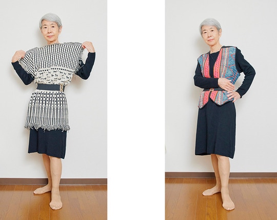 「ファイバーアーティスト（織物作家）の作品も合わせられます」（左）、「シックなワンピースには、鮮やかなベストが合います」