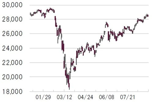 日次、配当無し、単位:ドル、期間:2020年1月2日~8月31日 出所:ブルームバーグよりピクテ投信投資顧問作成