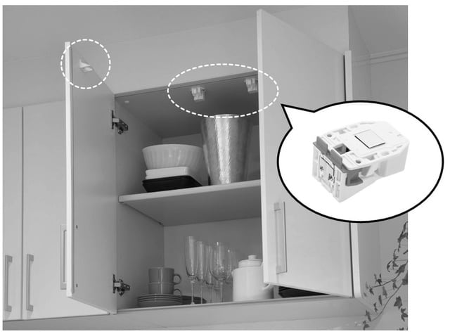  丸で囲んだ部分に設置。 写真では見えませんが、右扉の裏にもついています