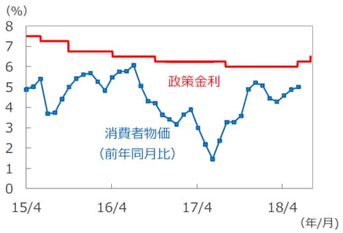 （注1）政策金利は2015年4月1日～2018年8月1日。 （注2）消費者物価は2015年4月～2018年6月。 （出所）Bloomberg L.P.のデータを基に三井住友アセットマネジメント作成