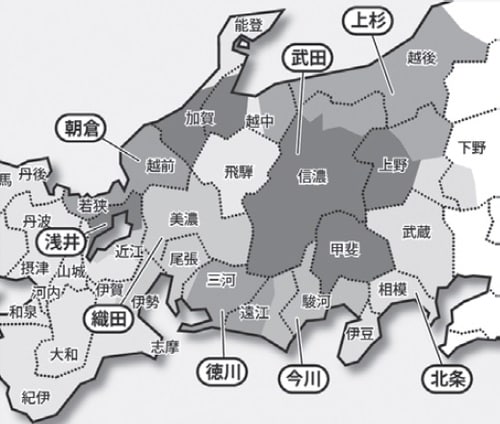 塩飢饉のころの勢力図です。信玄の領地は内陸で、塩の入手に苦労していました。また、周囲を強敵に囲まれ、上洛への道はけわしいものでした。
