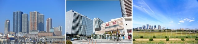 写真左より、100mを超えるタワーマンションが建ち並ぶ/駅前は大型の商業施設が充実/多摩川も近く、住環境は抜群