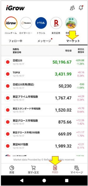 iGrowアプリのマーケット画面