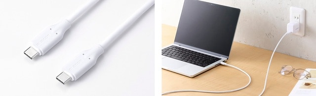 左：製品画像（USB Type-C―USB Type-C） 右：USB Power Delivery（最大100W）に対応し、パソコンの充電も可能