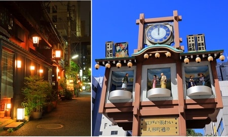左：夜の人形町　右：人形町のからくり櫓