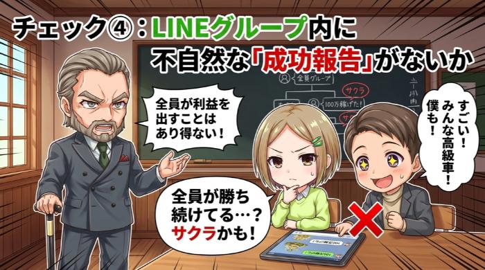 LINEグループ内に不自然な「成功報告」がないか
