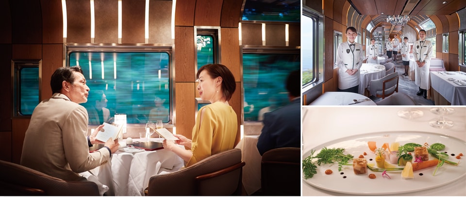 左；優雅なディナータイム　右上：ダイニングしきしま（6号車）　右下：池内総料理長によるフランス料理（一例）