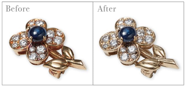 金属が変色した装身具（左）が、バフ仕上げをしてもとの美しさを取り戻した（右）。宝石はほとんど劣化していないので、サファイヤブローチがまさに新品同様の美しさとなった（個人蔵）