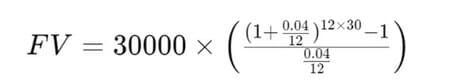 毎月3万円を30年間0.4％の利回りで運用した際のFV（＝将来価値）計算式