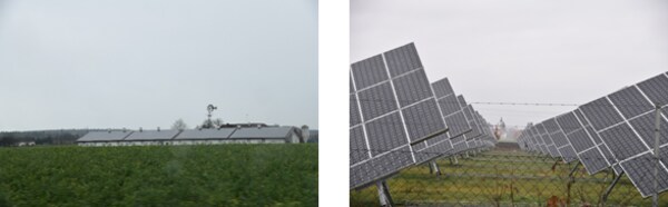 左：農業用倉庫、住宅に多くのPVシステム　右：すでに10年近く稼働する2軸追尾型PV