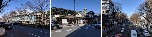 写真左より、高級ブランドが多数入居する表参道ヒルズ／駅舎の改築と駅前のIKEA出店の工事が行われている原宿駅／表参道のけやき並木