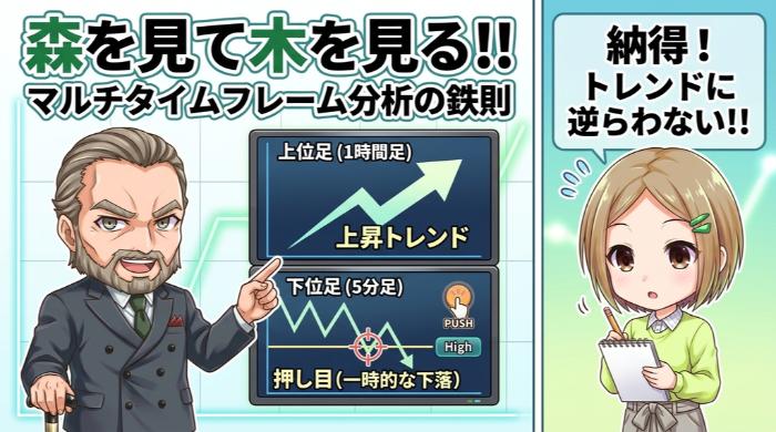 上位足でトレンド方向を確認してから下位足でタイミングを測る（マルチタイムフレーム分析）