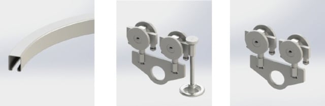 左：カーブレール MRA-CR 中央：カーブ用メインローラ MRA-4MRC 右：カーブ用バックアップローラ MRA-4BRC