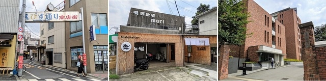 写真左より、新しいお店も増えてきた昔ながらの「えびす通り商店街」／老朽化した商店を改装オープンしたコミュニティスペース「西池袋マート」／「立教大学」