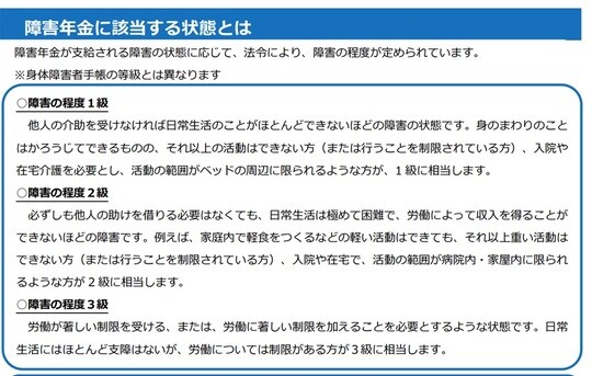 出所：厚生労働省　障害等級について　障害年金制度について より