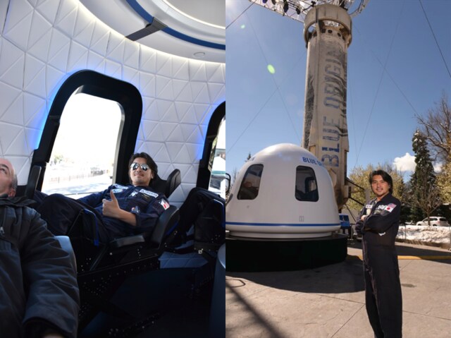 Blue Origin社の宇宙船New Shepardと筆者(ASTRAX提供)