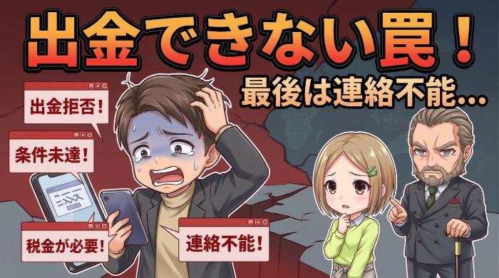 出金申請→「条件未達」「税金が必要」→最終的に連絡不能