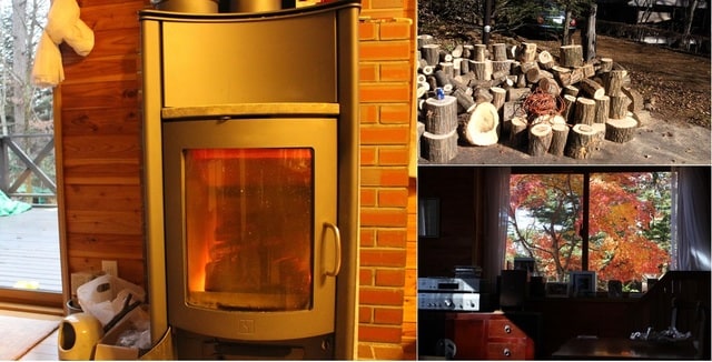 写真左：軽井沢での暮らしを楽しませてくれる薪ストーブ　写真右上：原木から玉切りにした状態。薪割機でさらに細断して薪にする　写真右下：奥様が特に好きだという、別荘から眺める紅葉