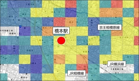 【図表3】橋本駅付近の将来人口メッシュ分析（2025→2040年増減数） 出所：国土交通省「250ｍメッシュ別将来推計人口データ（Ｒ6国政局推計）」