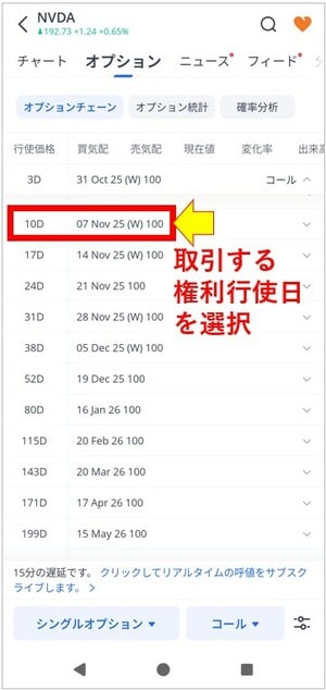 取引可能な権利行使日一覧