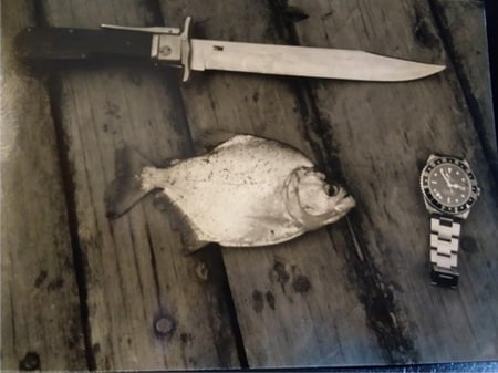 1987年アマゾン川にて　ピラニアとナイフとGMTマスター2（写真：筆者提供）