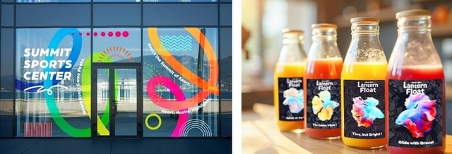 図4 ウィンドウ装飾の用途例 図5 ラベルの用途例（背景にテクスチャ付加）