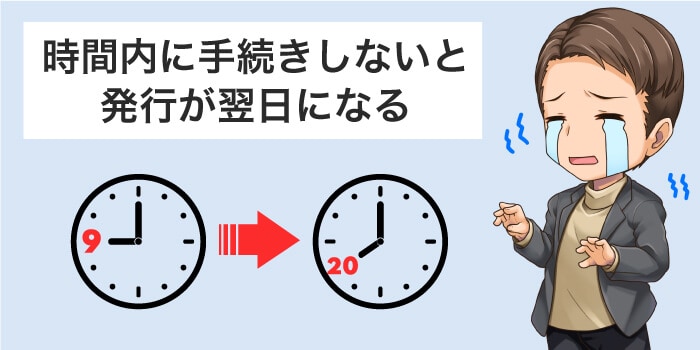 手続きの時間を過ぎると翌日発行になる