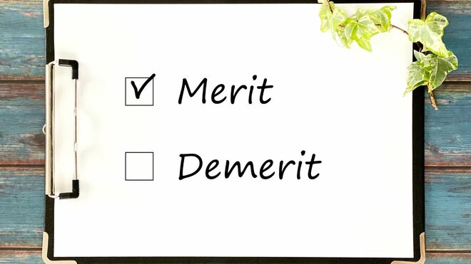 バインダーに挟まる「Merit」「Demerit」と書かれた紙