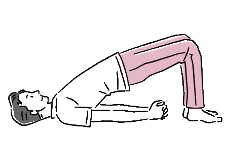 ［図表7］ヒップアップ運動：仰向けになって膝を曲げ、体の下で両手を組む。お尻をできるだけ高く持ち上げ、3〜5秒間キープする。この動きを10回行う。