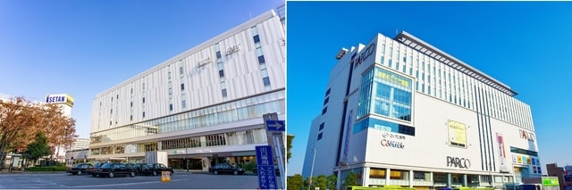 右／駅西口の「伊勢丹浦和店」は、埼玉県の百貨店で一番の売り上げを誇る　左／パルコ単館では最大の規模を誇る「PARCO浦和店」