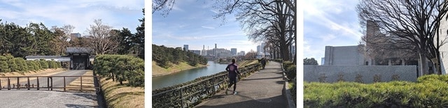 写真左より、駅名の由来にもなっている皇居の半蔵門／皇居周りのお濠はランニングのメッカとなっている／司法の最高機関「最高裁判所」