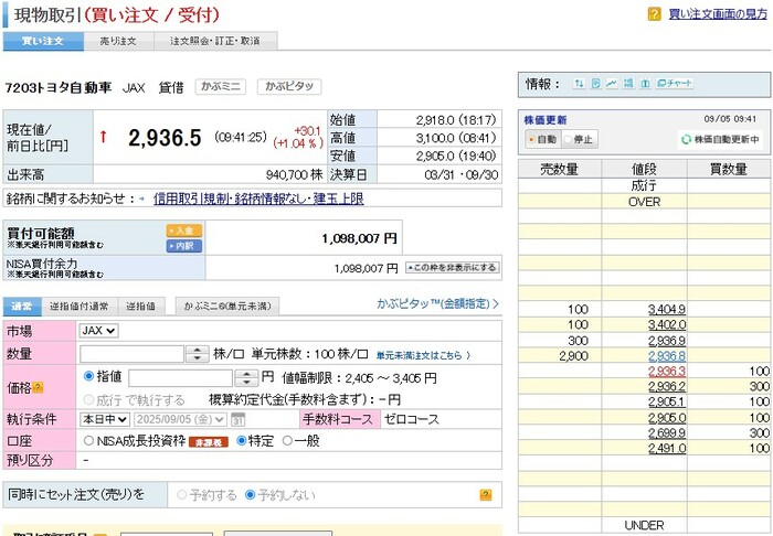 楽天証券のJAX PTS（JAX）の板状況（日中取引）