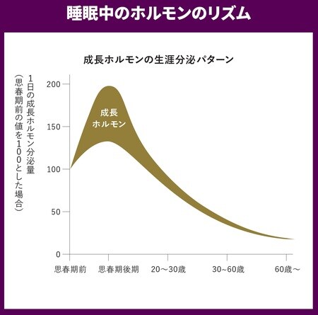 成長ホルモンの分泌は20歳を過ぎると減少を始め、年齢とともに低下していく。深い眠りについて、成長ホルモンを多く分泌させることが、痩せやすい体質づくりになります。