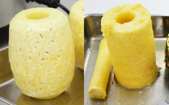 左：アストラの皮むき機を使用　右：一般的な筒状カッターを使用