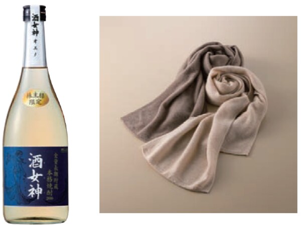 左:オエノンホールディングスの株主限定オリジナル商品(写真はオリジナル本格焼酎「酒女神(オエノ)」720mℓ〈2015年12月末〉)
右:タキヒヨーは社長が選ぶこだわりのオリジナルギフト(写真はMade in 尾州カシミヤマフラー〈2016年
8月末〉)