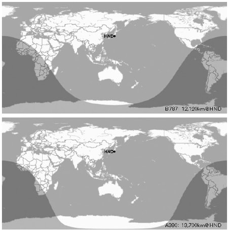 ［図表4］羽田を起点としたワイドボディ機の航続距離（上:ボーイング787、下:エアバスA380）出所：Great Circle Mapper (http://www.gcmap.com/)