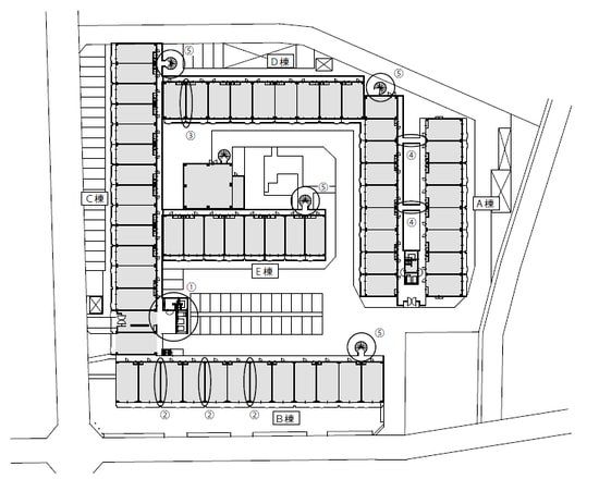耐震補強の工事箇所（①から⑤）