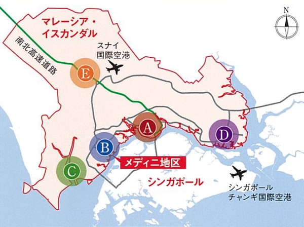 A:ジョホールバル市
B:イスカンダル・プテリ地区
CD:西門・東門再開発地区
E:スナイ・スクダイ地区