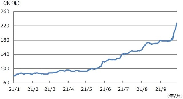 (注)データは2021年1月4日から10月1日。石炭価格はICE Futures Europeの石炭先物価格。 (出所)Bloombergのデータを基に三井住友DSアセットマネジメント作成