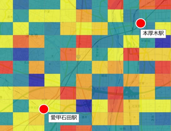 【図表1】「愛甲石田」駅周辺人口増加率メッシュマップ 出所: 総務省『国勢調査に関する地域メッシュ統計』