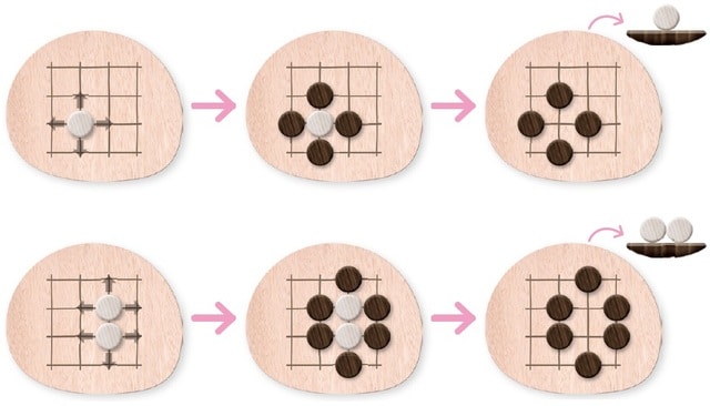 お皿の上の石は、囲んで取られた石を表しています。