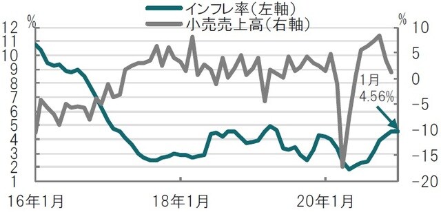 月次、期間：2016年1月～2021年1月、前年比、小売売り上高は12月迄 ※インフレ率はIPCA消費者物価指数、2月は5%台が予想されている 出所：ブルームバーグのデータを使用してピクテ投信投資顧問作成